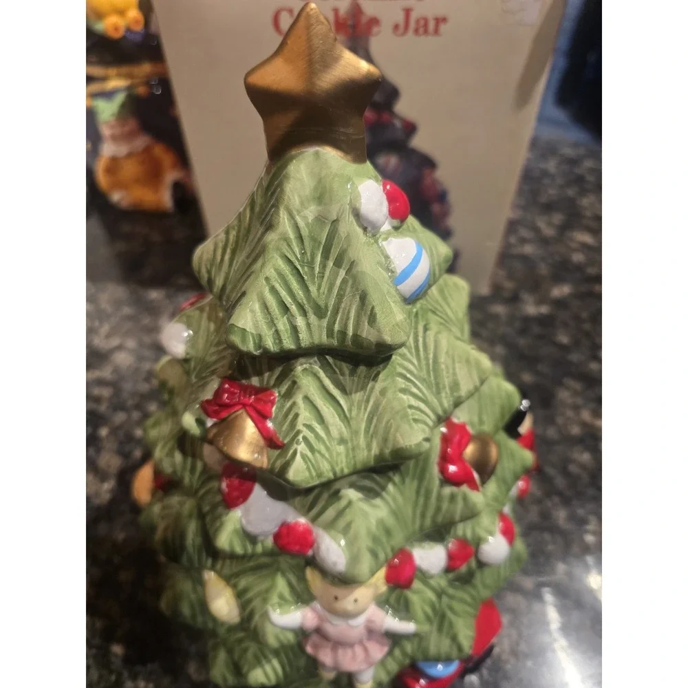 Christmas Tree Cookie Jar‎ Village Earthenware Musical Lid!! Works!!!
